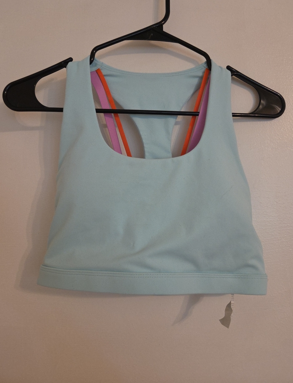 Fabletics Light Blue Racerback Sports Bralette with Pink & Orange Straps
